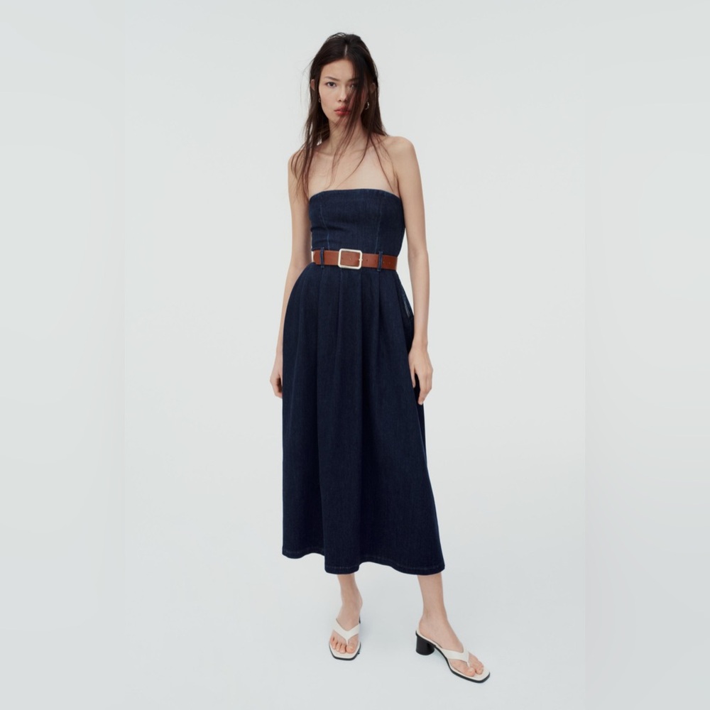 Zara Strapless Navy Denim Dress with Belt